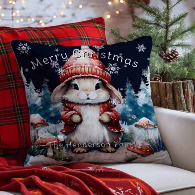 Whimsical Christmas Bunny gepersonaliseerd Kussen (Whimsical Christmas Bunny Personalized Throw Pillow)