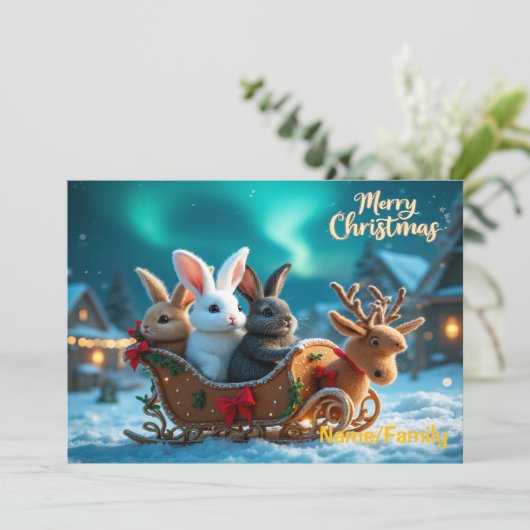Whimsical Christmas Bunny Sleigh Ride Feestdagenkaart (Staand voorkant)