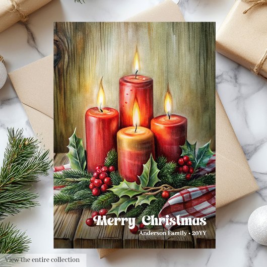 Whimsical Christmas candles rustic pine wreath Feestdagenkaart