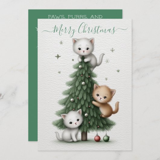 Whimsical Christmas Card with Cartoon Kittens Feestdagenkaart (Voorkant / Achterkant)