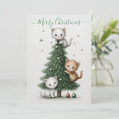 Whimsical Christmas Card with Cartoon Kittens Feestdagenkaart (Staand voorkant)