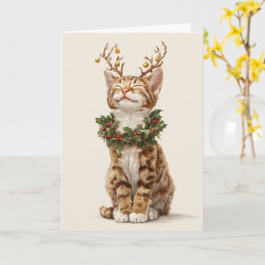 Whimsical Christmas Cat Kaart (Gele Bloem)