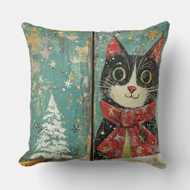 Whimsical Christmas Cat Pillow -  winter Kussen (Voorkant)