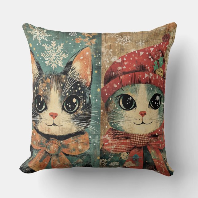 Whimsical Christmas Cat Pillow -  winter Kussen (Voorkant)
