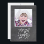 Whimsical Christmas Chalkboard Kalligrafie Foto Feestdagenkaart<br><div class="desc">Verspreid wat feestvreugde met deze leuke vakantiefotokaart met een grillig Merry Christmas Typography / Calligraphy-ontwerp, uw foto en naam tegen een zwarte krijtbordachtergrond. De achterzijde is voorzien van een andere foto en uw aangepaste vakantie bericht. Trendy en leuk, maar toch eenvoudig en klassiek, het is zeker om vrienden en familie...</div>
