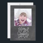 Whimsical Christmas Chalkboard Kalligrafie Foto Feestdagenkaart<br><div class="desc">Verspreid wat feestvreugde met deze leuke vakantiefotokaart met een grillig Merry Christmas Typography / Calligraphy-ontwerp, uw foto en naam tegen een zwarte krijtbordachtergrond. De achterzijde is voorzien van een andere foto en uw aangepaste vakantie bericht. Trendy en leuk, maar toch eenvoudig en klassiek, het is zeker om vrienden en familie...</div>