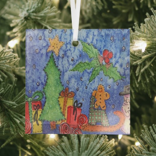 Whimsical Christmas Cheer Waterverf Painting Glas Ornament (Insitu)
