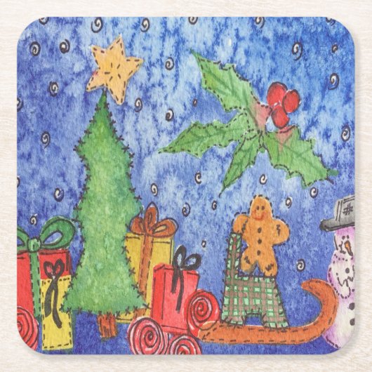 Whimsical Christmas Cheer Waterverf Painting Kartonnen Onderzetters (Voorkant)