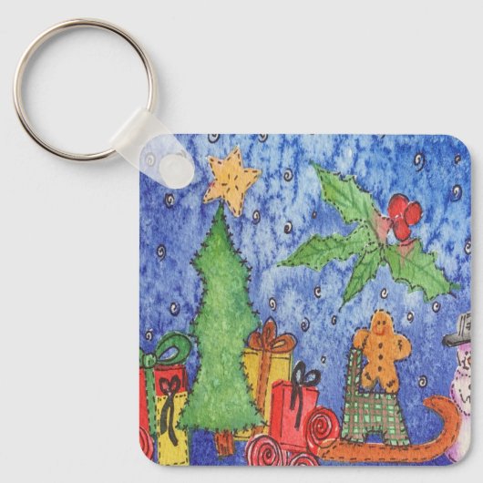Whimsical Christmas Cheer Waterverf Painting Sleutelhanger (Voorkant)