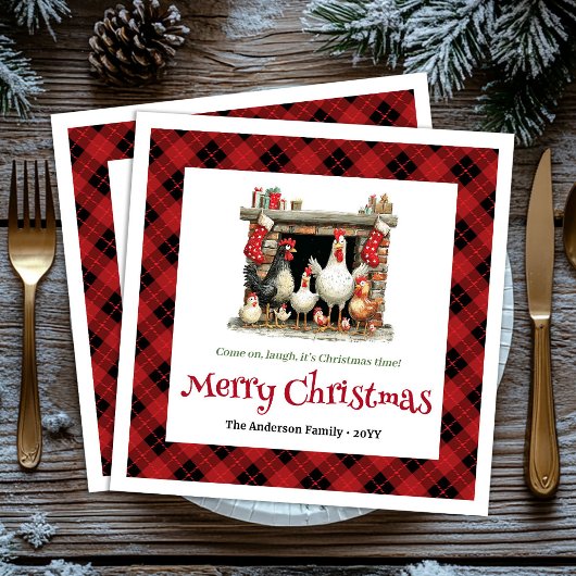 Whimsical Christmas chickens custom name napkins Servet