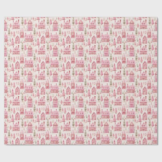 Whimsical Christmas Cottage huizen Roze Cadeaupapier (Vlak)