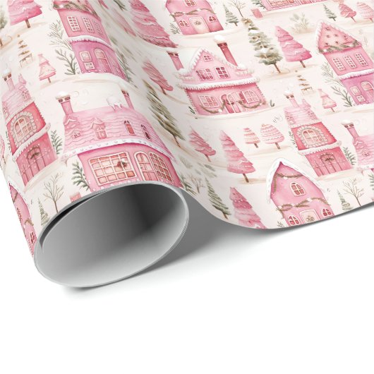 Whimsical Christmas Cottage huizen Roze Cadeaupapier (Rol Hoek)
