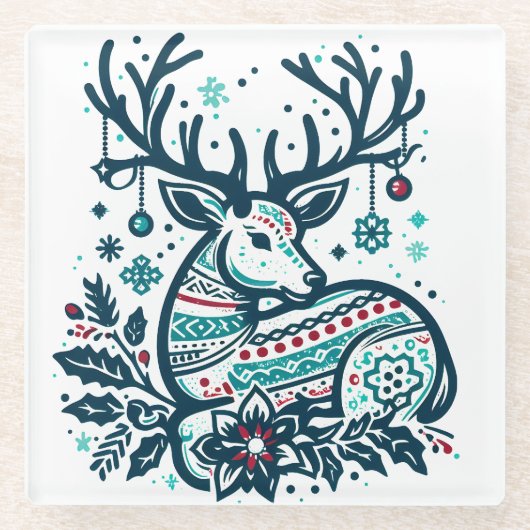 Whimsical Christmas Deer Vector Clipart - Festive Glazen Onderzetter (Voorkant)