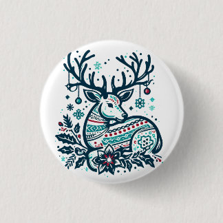 Whimsical Christmas Deer Vector Clipart - Festive Ronde Button 3,2 Cm
