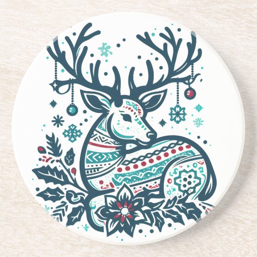 Whimsical Christmas Deer Vector Clipart - Festive Zandsteen Onderzetter (Voorkant)