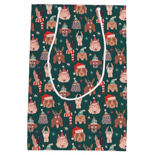 Whimsical Christmas Dog Pattern Green Medium Cadeauzakje (Achterkant)