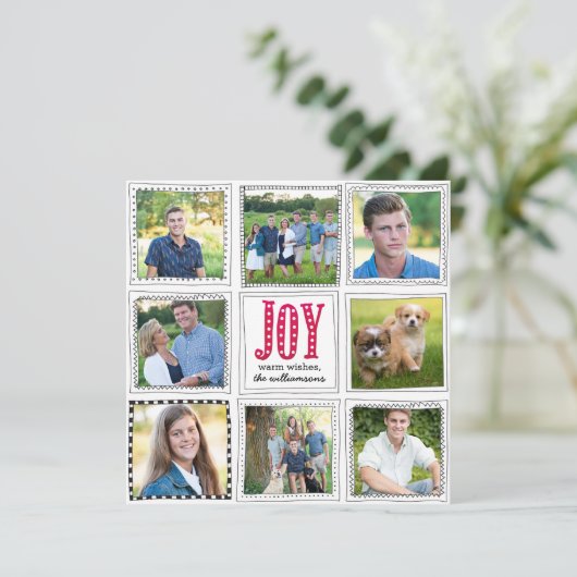 Whimsical Christmas Doodled Joy Fotocollage Feestdagenkaart (Staand voorkant)
