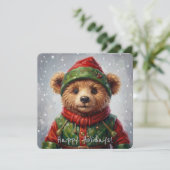 Whimsical Christmas Elf Teddy Bear Painterly Style Feestdagenkaart (Staand voorkant)