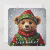Whimsical Christmas Elf Teddy Bear Painterly Style Feestdagenkaart (Voorkant)