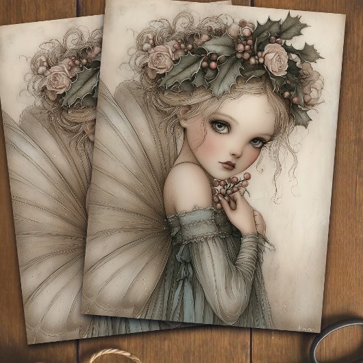 Whimsical Christmas Fairy Holly & Berry Decoupage Tissuepapier