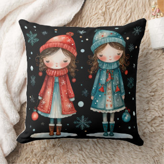 Whimsical Christmas Girls in the Snow Throw Pillow Kussen