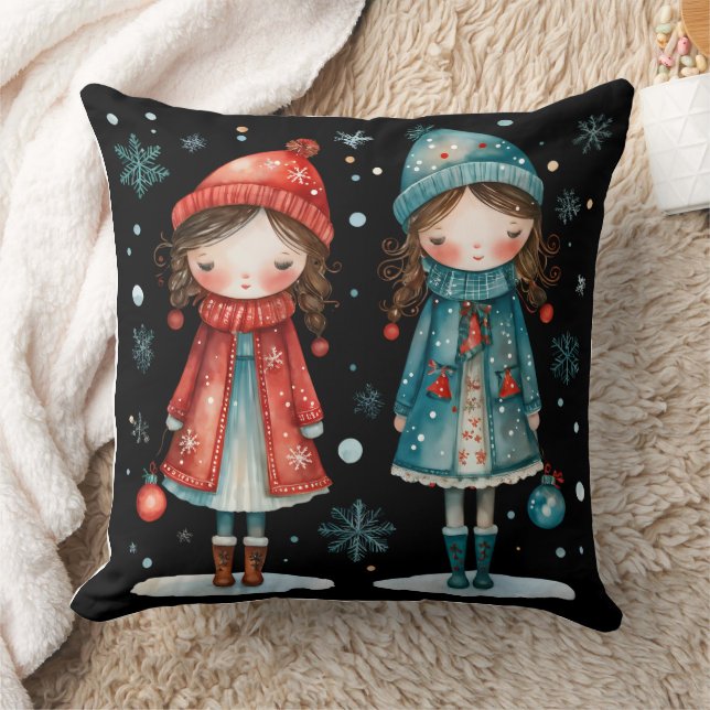 Whimsical Christmas Girls in the Snow Throw Pillow Kussen (Deken)
