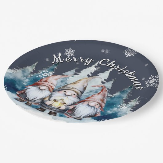 Whimsical Christmas Gnome Family Party | Blauw Papieren Bordje (Gekanteld)