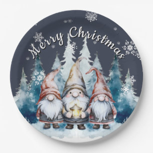 Whimsical Christmas Gnome Family Party Blauw Papieren Bordje