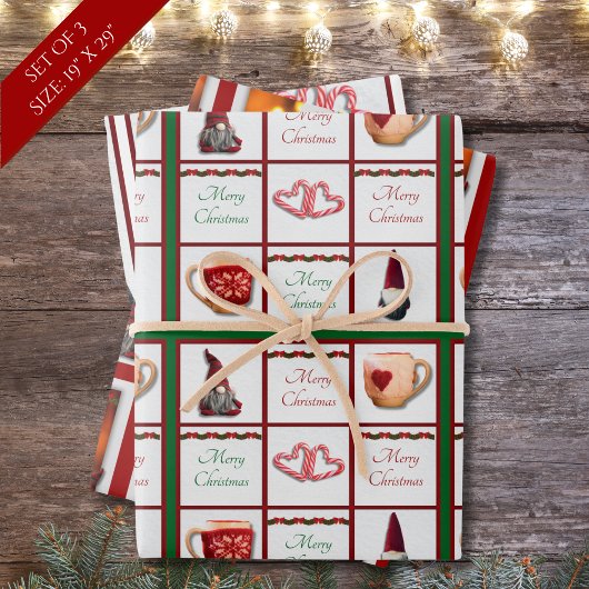 Whimsical Christmas Gnome Wrapping Paper Set van 3