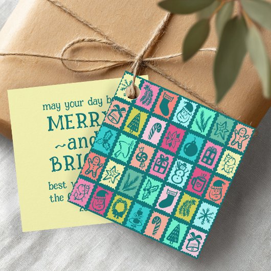 Whimsical Christmas Grid Cute Bright Holiday Gift Bedankjes Labels