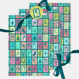 Whimsical Christmas Grid Cute Bright Holiday Inpakpapier Vel