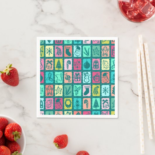 Whimsical Christmas Grid Cute Bright Holiday Paper Servet (Insitu)
