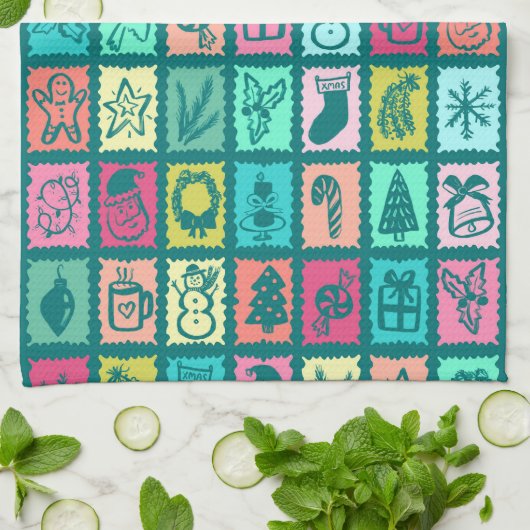 Whimsical Christmas Grid Cute Bright Holiday Theedoek (Gevouwen)