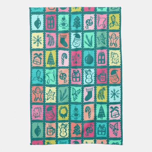 Whimsical Christmas Grid Cute Bright Holiday Theedoek (Verticaal)