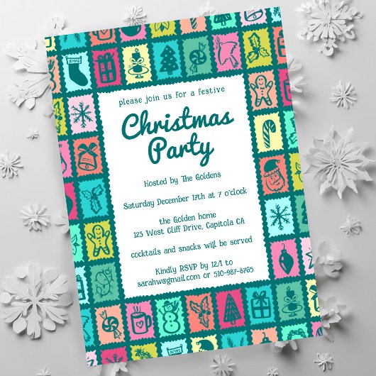 Whimsical Christmas Grid Cute Custom HOLIDAY PARTY Kaart