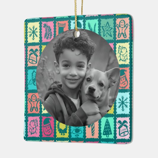 Whimsical Christmas Grid Cute Custom PHOTO Holiday Keramisch Ornament (Links)