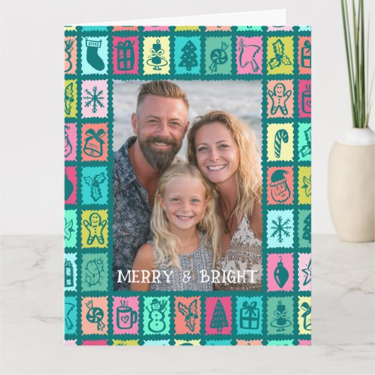 Whimsical Christmas Grid Cute Custom PHOTO Message Kaart (Voorkant)