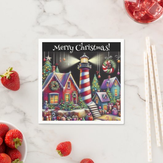 Whimsical Christmas Lighthouse gepersonaliseerd Servet (Insitu)