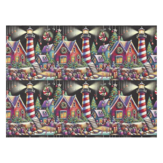 Whimsical Christmas Lighthouse gepersonaliseerd Tafelkleed (Voorkant (Horizontaal))