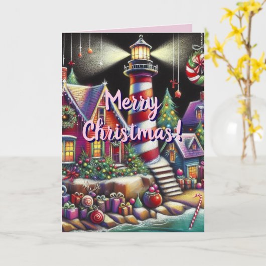 Whimsical Christmas Lighthouse Holiday Kaart (Gele Bloem)
