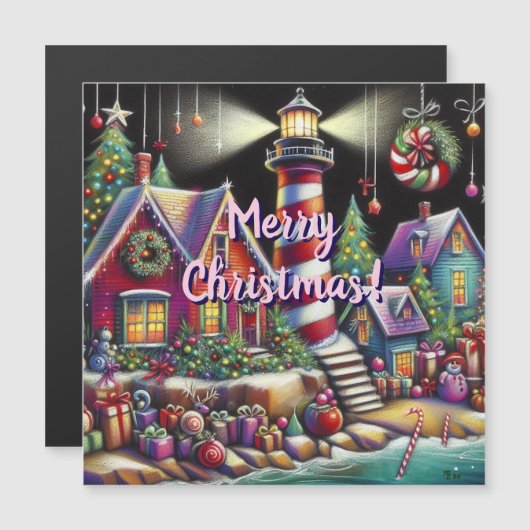 Whimsical Christmas Lighthouse Magnetische Kaart (Voorkant / Achterkant)