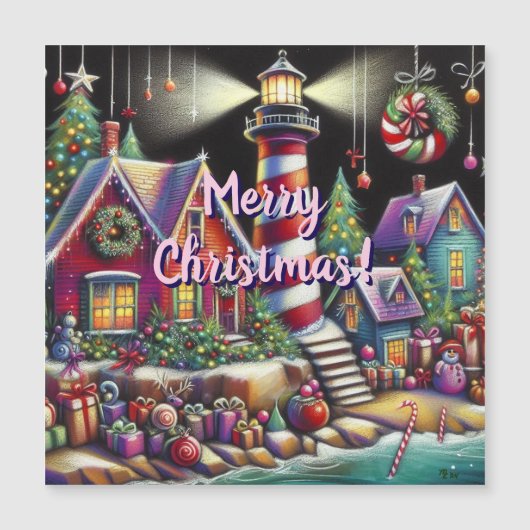 Whimsical Christmas Lighthouse Magnetische Kaart (Voorkant)