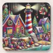 Whimsical Christmas Lighthouse Rood Roze Paarse Bier Onderzetter (Voorkant)