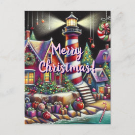 Whimsical Christmas Lighthouse Rood Roze Paarse Briefkaart