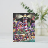 Whimsical Christmas Lighthouse Rood Roze Paarse Briefkaart (Staand voorkant)