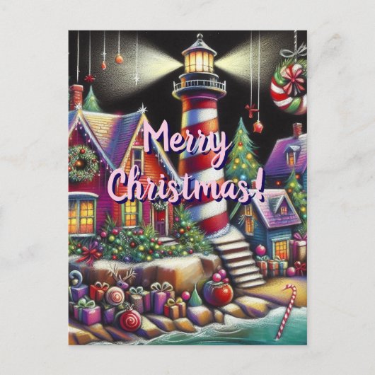 Whimsical Christmas Lighthouse Rood Roze Paarse Briefkaart (Voorkant)