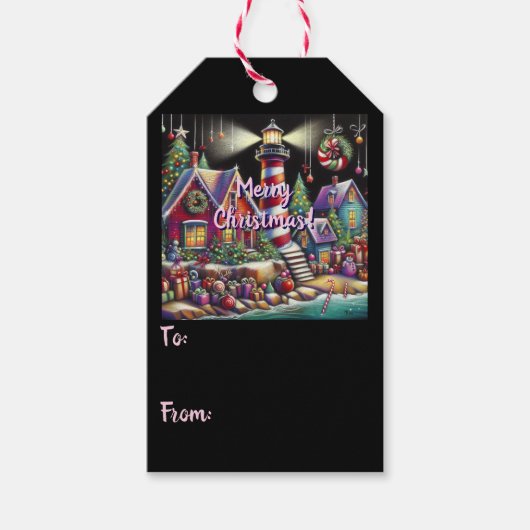 Whimsical Christmas Lighthouse Rood Roze Paarse Cadeaulabel (Voorkant)