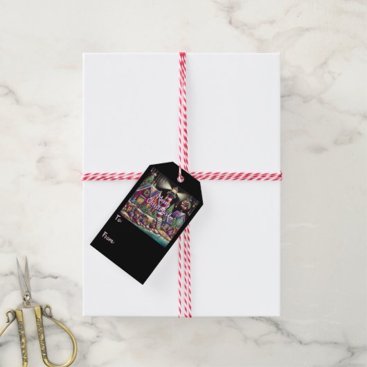 Whimsical Christmas Lighthouse Rood Roze Paarse Cadeaulabel (Met Touw)