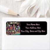 Whimsical Christmas Lighthouse Rood Roze Paarse Etiket (Insitu)