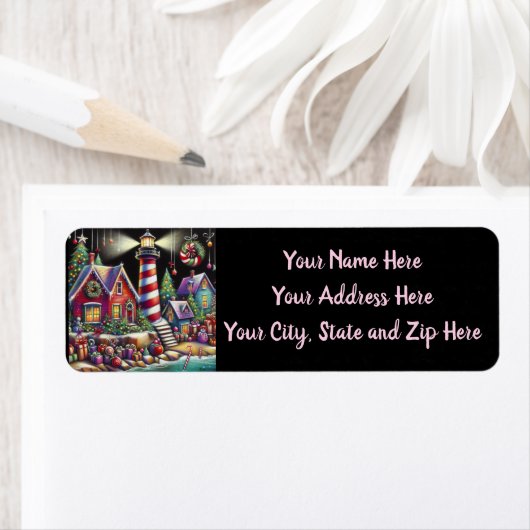 Whimsical Christmas Lighthouse Rood Roze Paarse Etiket (Insitu)